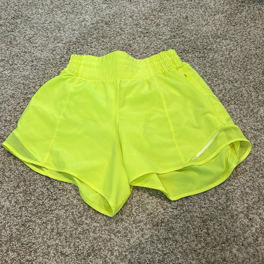 Lululemon neon yellow hotty hot shorts, worn once, 4 inches long, size 2